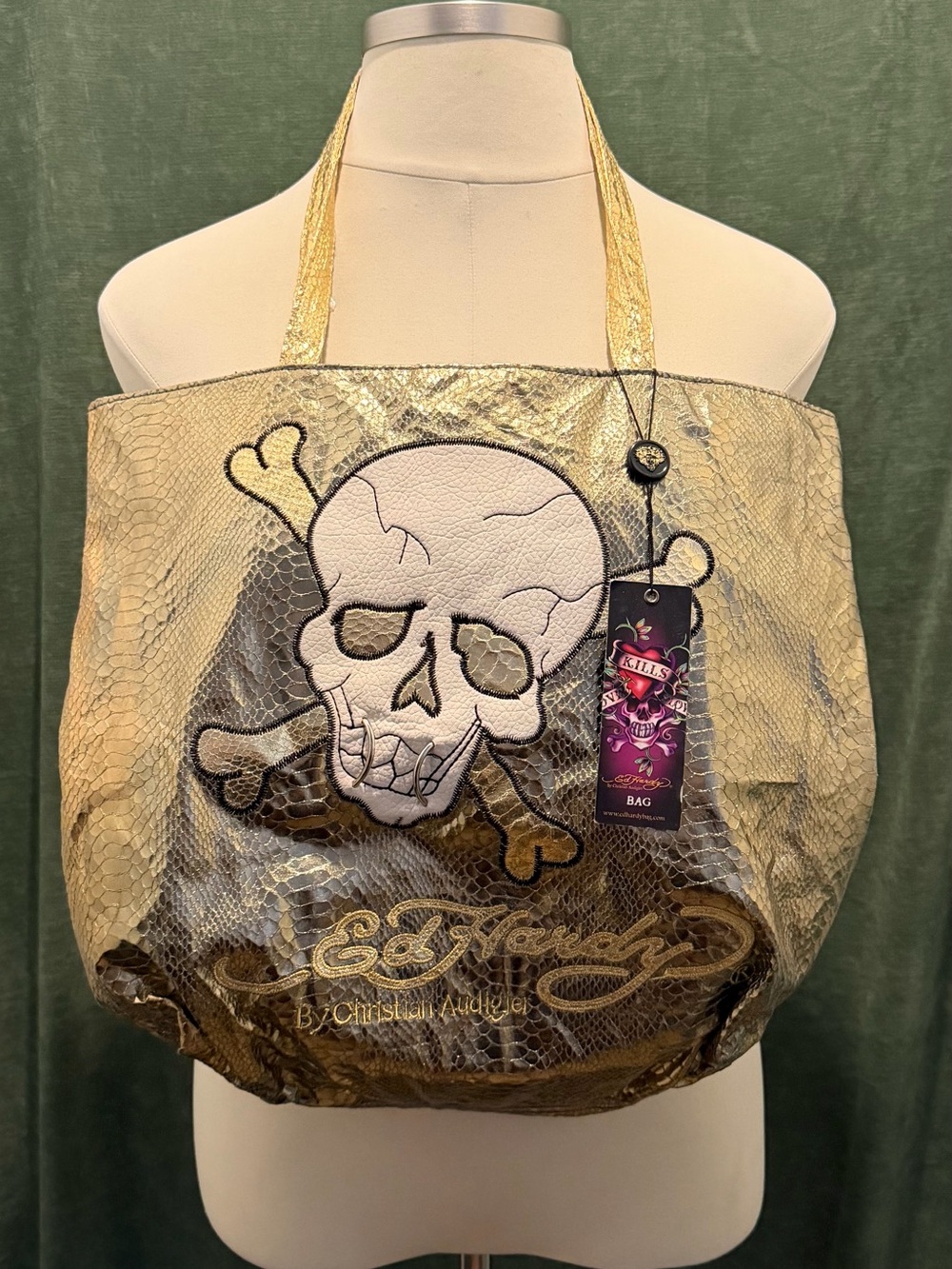 Y2K Vintage Ed Hardy Gold Metallic Snake-Print Tote with Skull Patch NWT